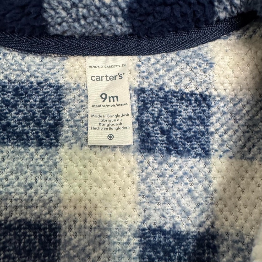 Carter's Baby Bodysuit Sz 9 Months‎ Blue White Plaid Checkered Winter Fleece Zip - Picture 4 of 4
